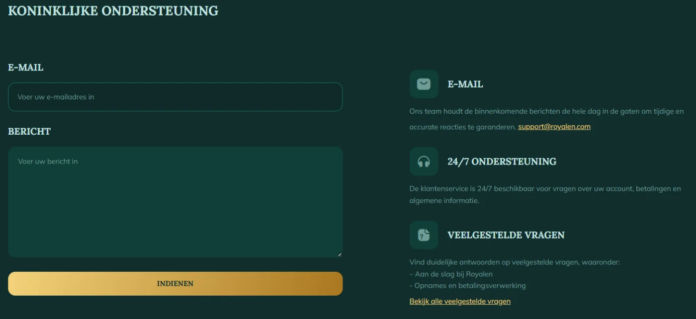 Royalen Casino klantenservice met contactformulier en ondersteuningsinformatie