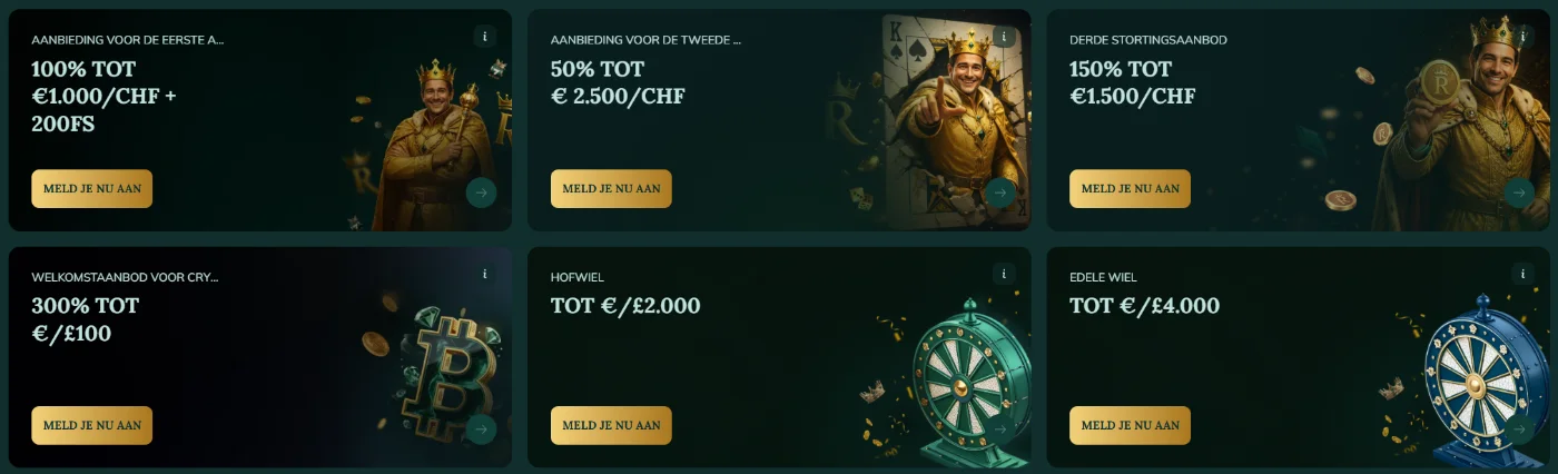 Royalen Casino overzicht met welkomstbonussen, crypto promoties en prijswielen