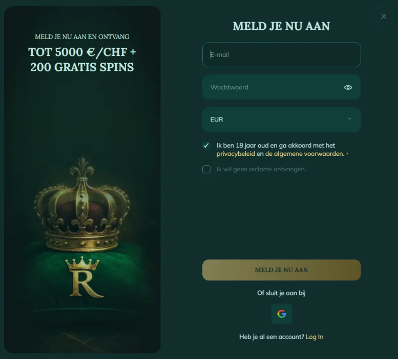 Royalen Casino registratieformulier met welkomstbonus en gratis spins